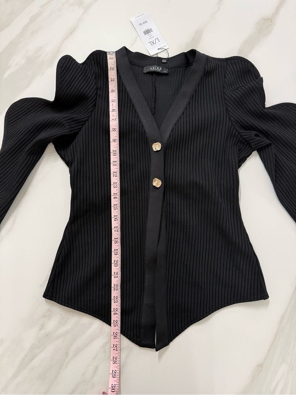 NWT AKIRA Black Wavy Structured Sleeve Ribbed Cardigan L/XL Statement Sweater - Picture 8 of 13